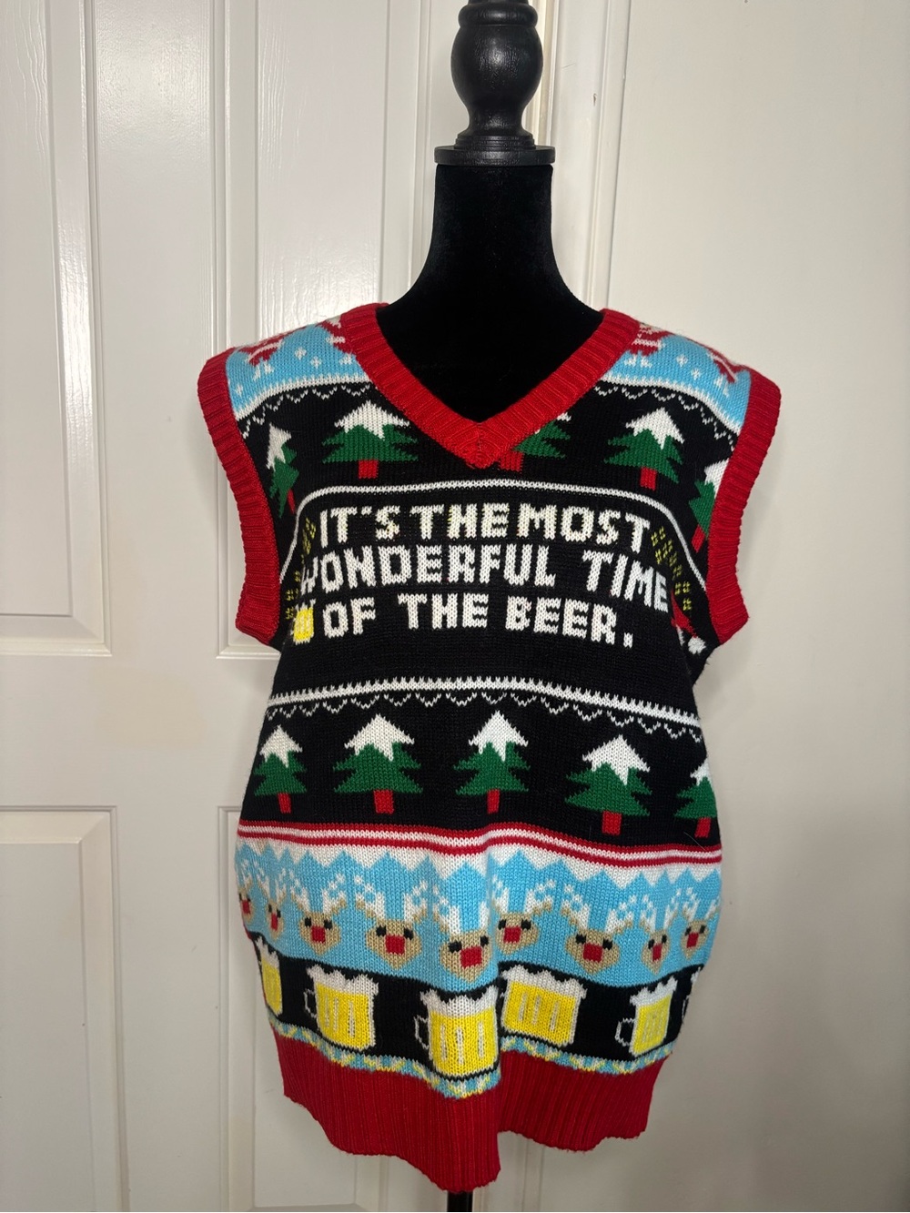 Novelty V-Neck Sweater Vest - Black with Red Trim